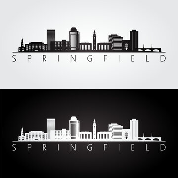 Springfield, MA skyline and landmarks silhouette, black and white design, vector illustration.  