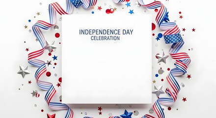 Obraz premium Happy independence day usa festive patriotic layout with american flags and red white and blue decorations