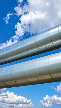 Two parallel metallic pipes against a backdrop of a bright blue sky with fluffy white clouds