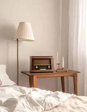 Vintage Radio and Candles on Wooden Table in Bedroom.