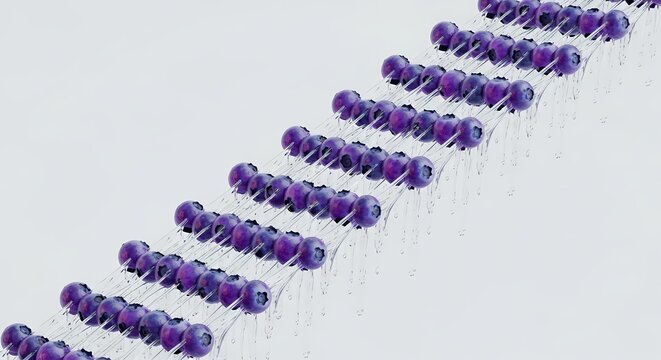 Diagonal purple beads on strings form a unique pattern on a light surface