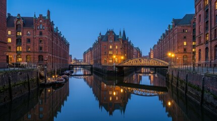 Fototapeta premium Venice-Like Canal Cityscape at Dusk-(Pemandangan Kota Kanal Mirip Venesia di Senja)