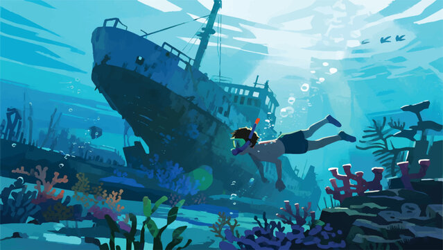 Illustration Of A Person Diving In The Sea With A View Of An Old Shipwreck Vector Design Template