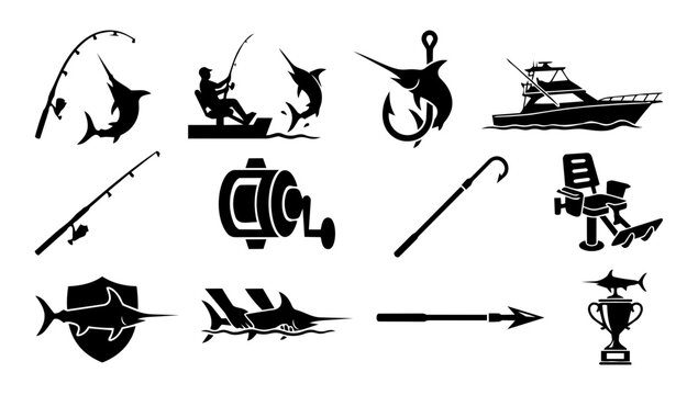Swordfish Sport Fishing Silhouettes Set, Deep Sea Angling and Big Game Icons