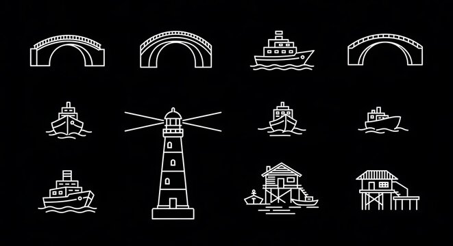 White line art of bridges, boats, a lighthouse, and stilt houses on a black background