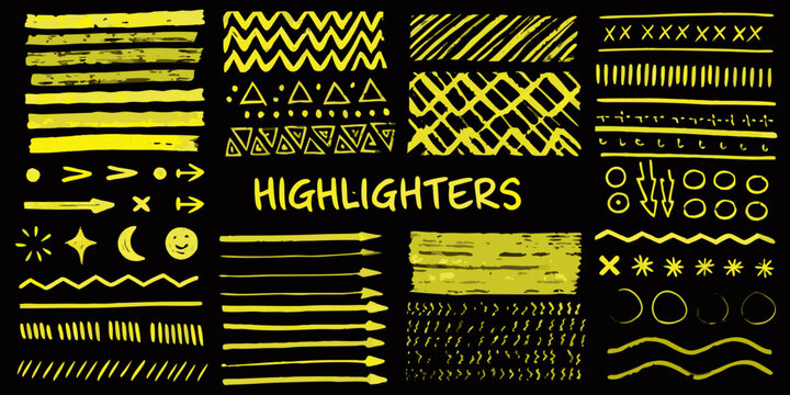 A collection of vibrant yellow highlighter style doodle patterns and shapes