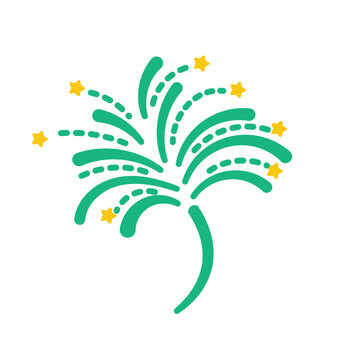 Green fireworks explosion with yellow stars, festive celebration, holiday, abstract graphic, adobe stock