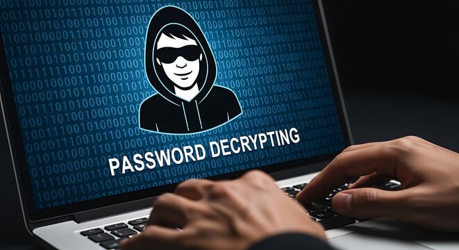 A person typing on a laptop with a password decrypting screen displaying a hooded figure.