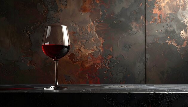 3D render of a single glass of red wine on a dark surface