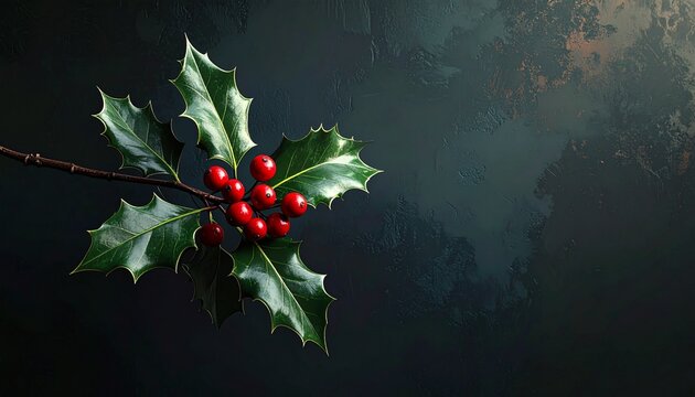 3D render of a single holly branch with red berries on a dark background with a massi