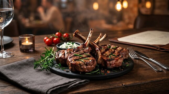 Delicious grilled lamb chops served with fresh rosemary and cherry tomatoes in a cozy restaurant setting.