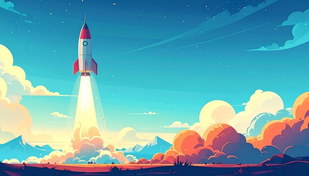 Flat design illustration of a rocket ship launching from the bottom corner with a vas