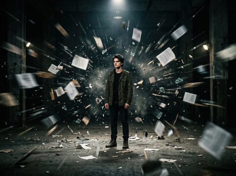 Man standing in dark industrial space with papers and debris flying around him. Chaos and information overload concept. 