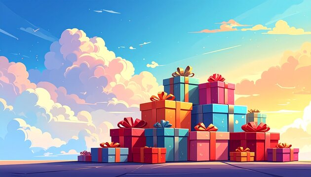 Flat vector illustration of a stack of gift boxes at the bottom