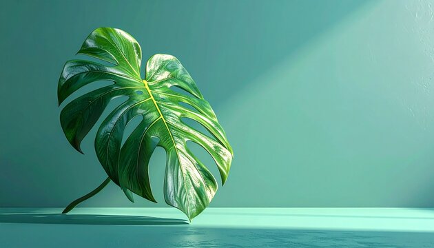 Minimalist 3D render of a single tropical monstera leaf on a solid background