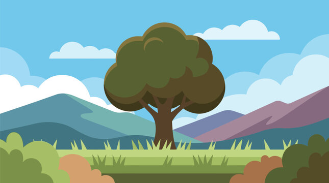 A single, stylized green tree stands in a grassy field with rolling hills and scattered clouds in a blue sky.