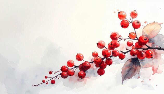 Watercolor illustration of a single branch with red berries on the right with a massi