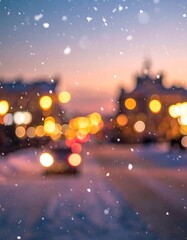Fototapeta premium Blurred winter cityscape with falling snow and bokeh lights at dusk.