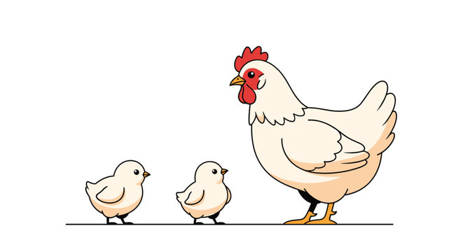Protective white hen stands tall beside her two small yellow chicks on a simple horizontal line against a white background.