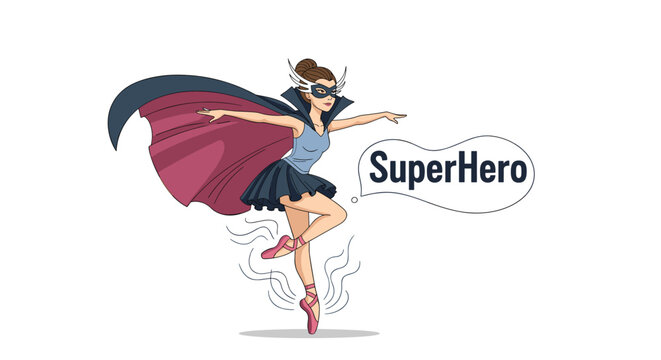 Dynamic female superhero character wearing a mask and cape performs an elegant dance move like a ballerina in a vector artwork.