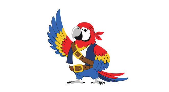 Colorful parrot character dressed in pirate attire with a bandana, vest, and belt against a plain white background for fun themes.