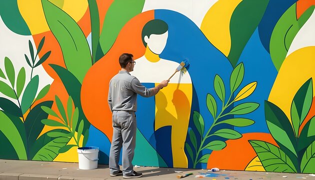 A professional artist in work clothes painting a vibrant, large-scale mural of a human silhouette surrounded by lush tropical leaves and bright yellow accents in a creative studio setting.
