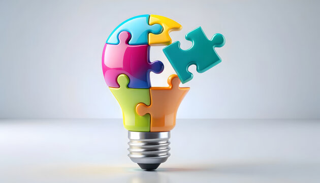 Colorful light bulb puzzle piece idea creativity innovation 3d render concept image of colorful light bulb made of interlocking puzzle piece, one piece floating, symbol for idea, creativity