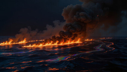 Naklejka premium Burning oil slick ocean surface night dark blue water fire smoke pollution environmental disaster