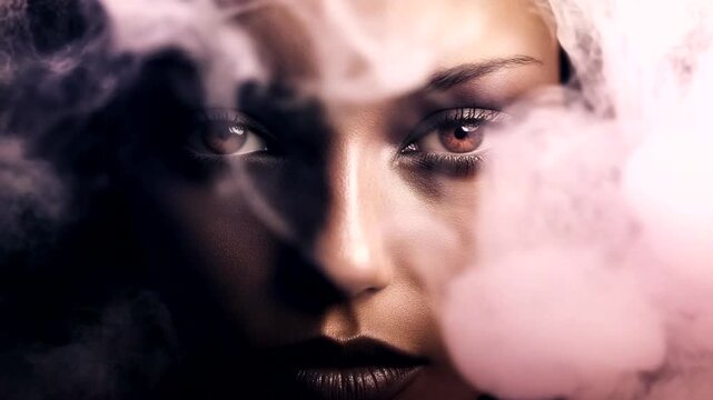 Mysterious woman shrouded in colorful smoke