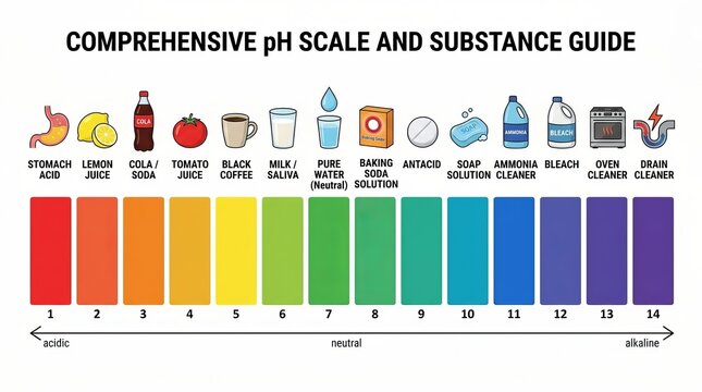 Visual guide to the pH scale showing common substances and their acidity or alkalinity.