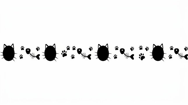 Playful black cat silhouettes with paw prints and fish bones create a whimsical border design.