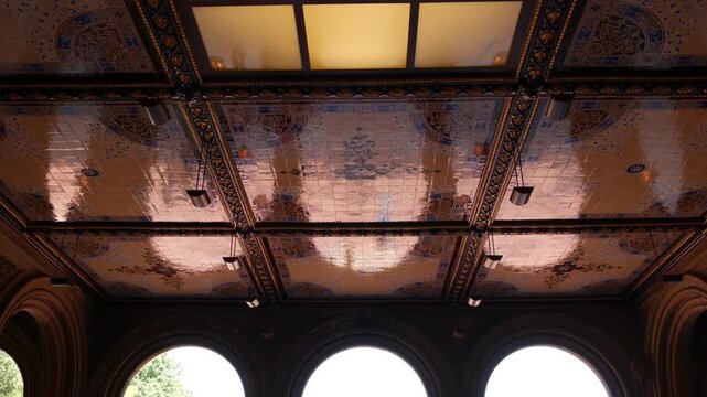 New York City Central Park Bethesda Terrace celling in United States. Arches architecture in NYC Manhattan Midtown, USA. American historic monument near fountain