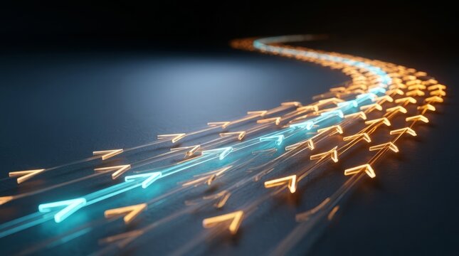 Bright blue arrow leads a glowing orange path forward with motion blur.
