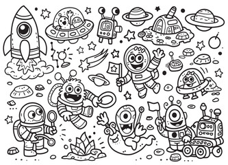 Obraz premium Astronaut alien rocket spaceship planet space cartoon doodle Happy cartoon astronaut and alien