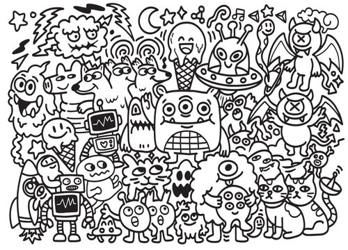 Monster doodle cartoon black white illustration cute funny happy alien