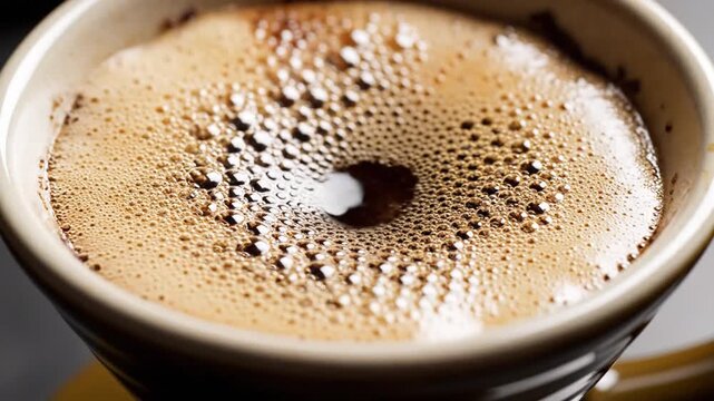 Hot water pouring over ground coffee beans in a ceramic pour over dripper for manual specialty coffee brewing process macro