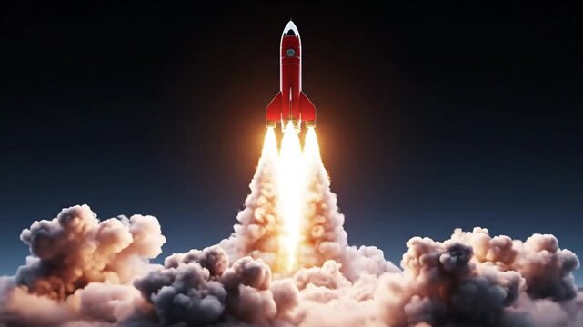 A stunning red rocket blasting off into the night sky, leaving a trail of bright orange flames and billowing white smoke