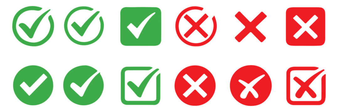 Check mark or tick mark and cross sign. Green check and red X icons, Right or wrong icons. Checkmark and x mark icon for apps and websites. Buttons for vote, election choice decision and web use. 