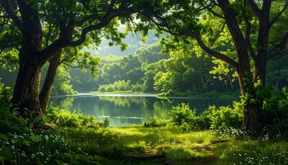 Obraz premium A serene landscape with trees and a body of water