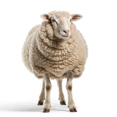 Fototapeta premium Fluffy Sheep with Textured Wool Standing Fully Visible on a White Background