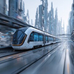 Fototapeta premium Futuristic High Speed Train Traveling Through a Gleaming Blue Cityscape With Tall Buildings