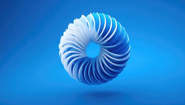 A vibrant blue abstract sculpture resembling a swirling torus floats against a deeper blue backdrop.