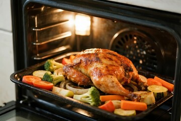 Fototapeta premium Roasted chicken with vegetables cooking in an oven