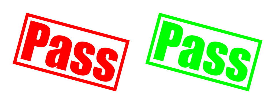 Two contrasting red and green pass stamps on a black background symbolizing approval and rejection