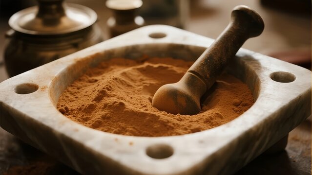 Stone mortar and pestle with ground spice powder, close-up view
