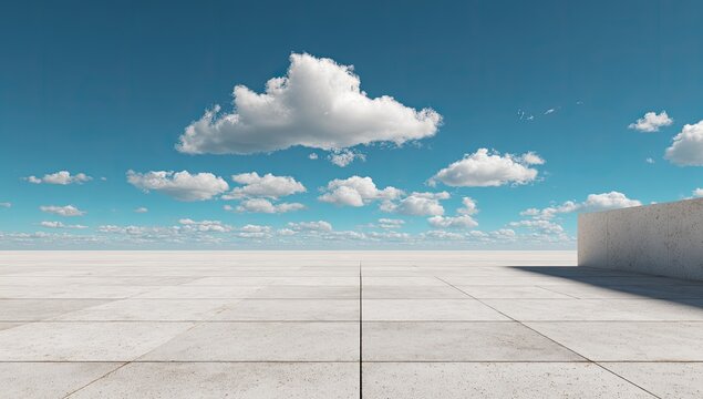 A serene outdoor scene showcases a vast, light-colored tiled surface extending towards a bright blue sky dotted with fluffy white clouds, creating a sense of openness and tranquility.