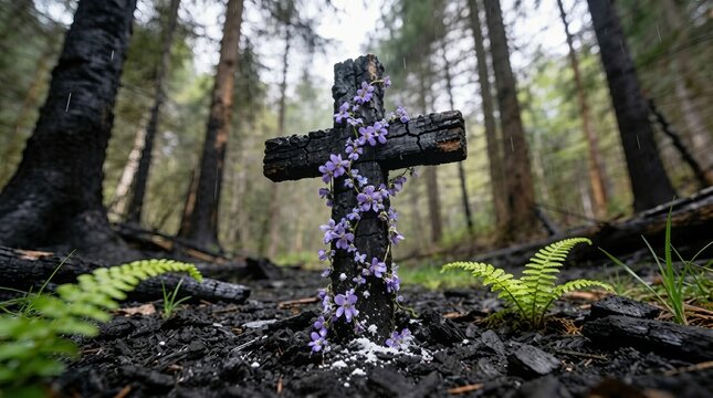 Hope emerges from devastation: delicate flowers bloom on a charred wooden cross in a burnt forest.