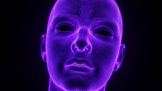 A futuristic video portrait of a man's face in purple neon light