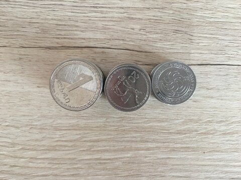 Georgian Lari and Tetri Coins in Row on Wooden Background