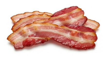 Obraz premium Slices of crispy cooked bacon isolated on a white background, showcasing the rich color and texture of the meat and fat layers